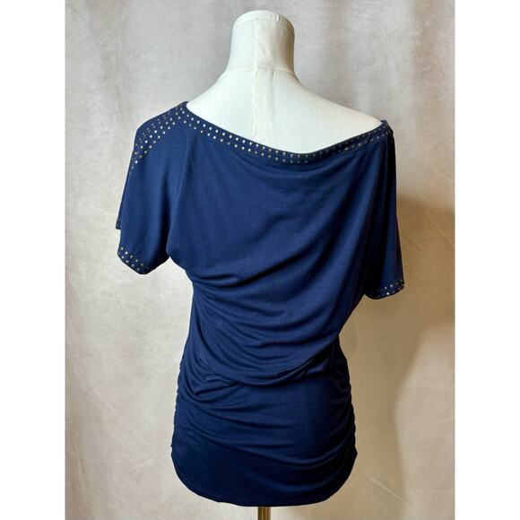 Carmen Marc Valvo Blue Studded Top Size S Ruched Stretch Short Sleeve Night Out - Picture 3 of 6